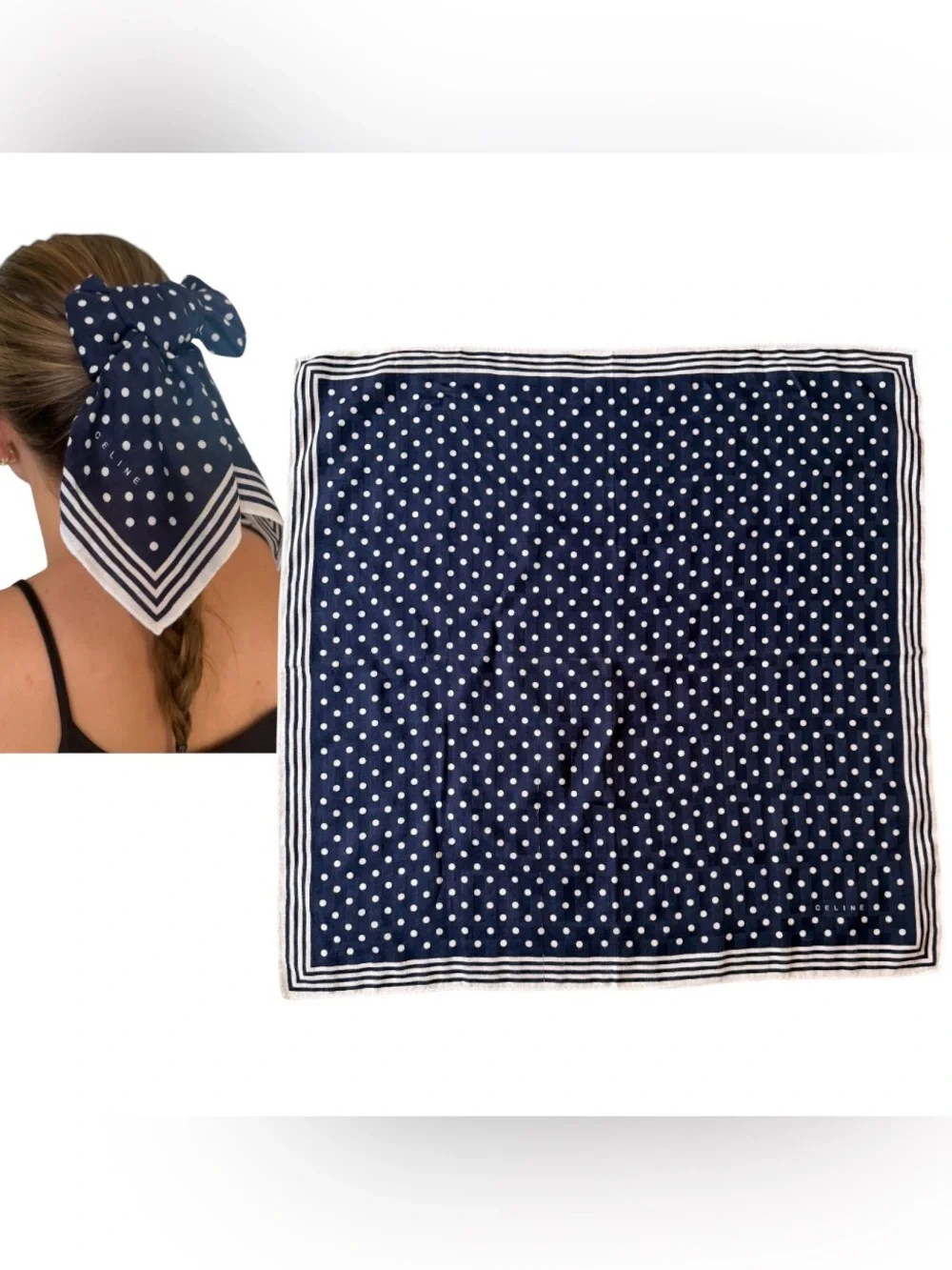 Celine Navy Polka Dot Square Scarf Hair Bow Bandana Neckerchief Bag Accessory